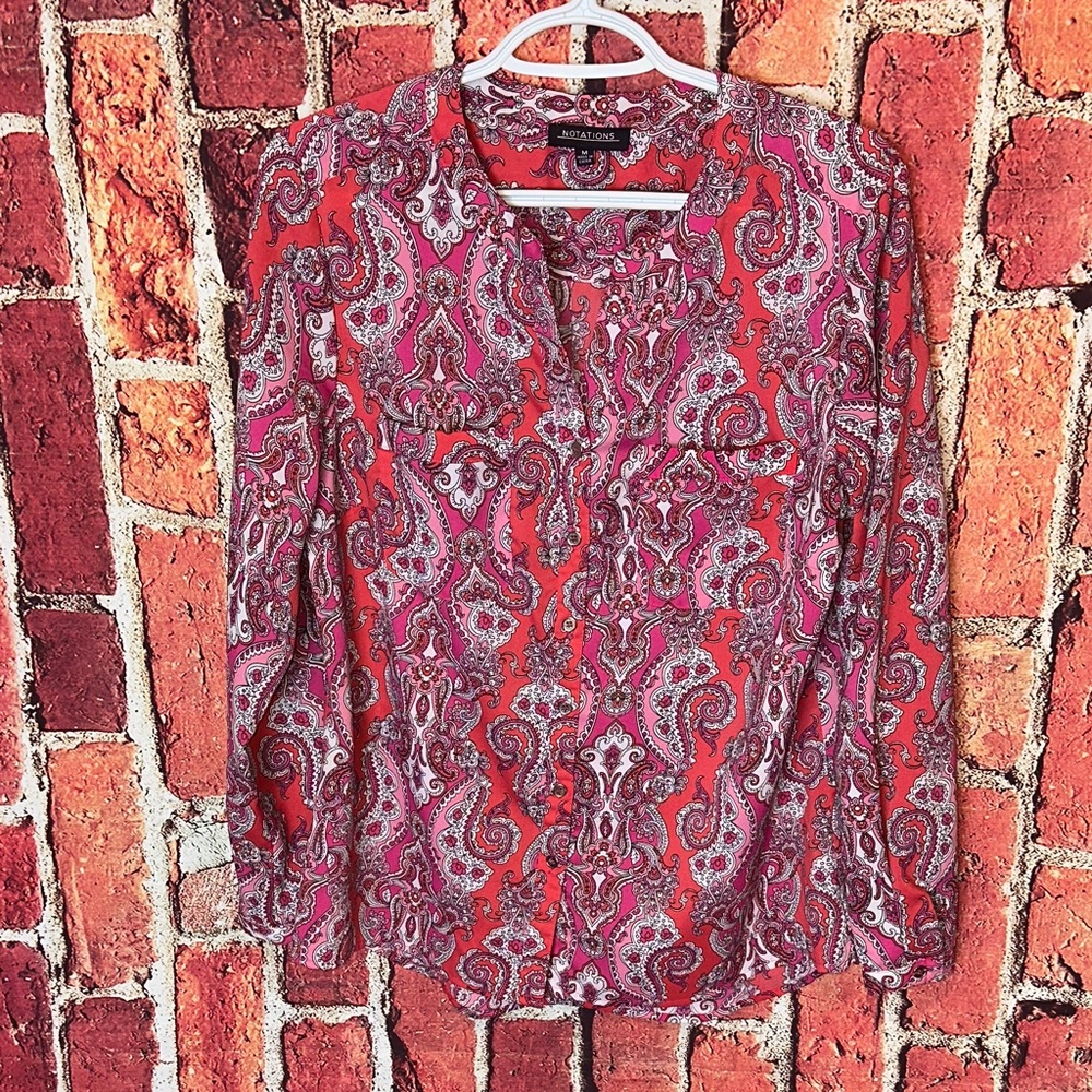 Notations Medium Red Pink Paisley Long-Sleeve women’s Blouse